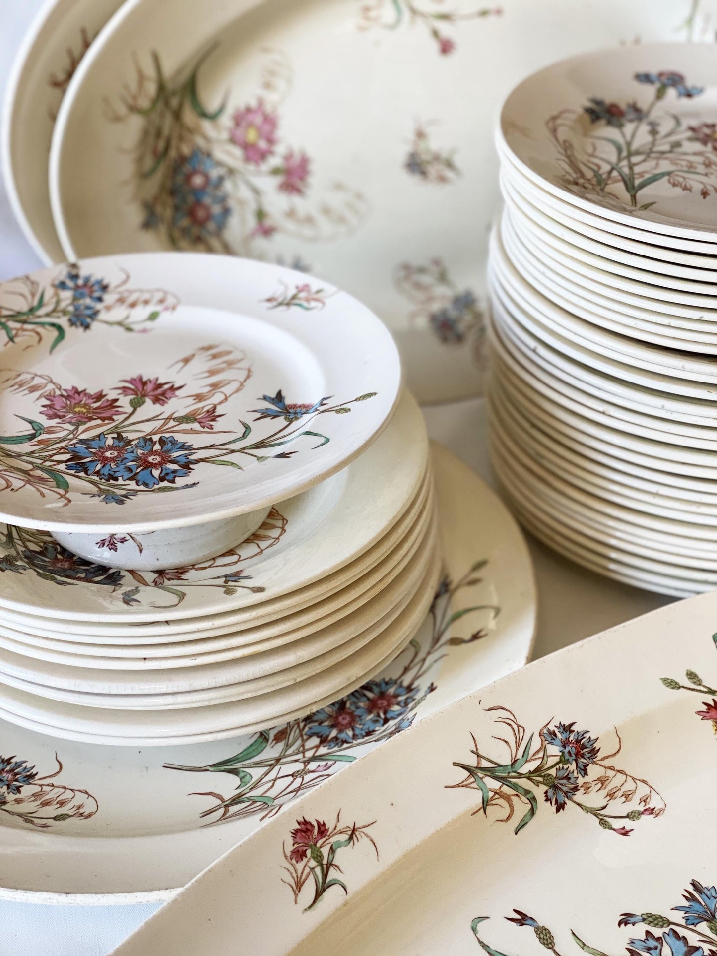 French Antique 10 to 20-Place Dinner Service, 45pc polychrome Floral Design, Salins 'Bluets' c1900