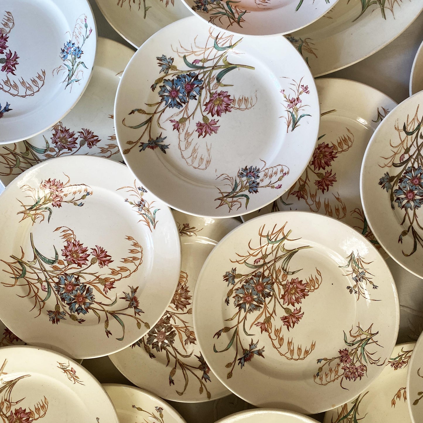 French Antique 10 to 20-Place Dinner Service, 45pc polychrome Floral Design, Salins 'Bluets' c1900