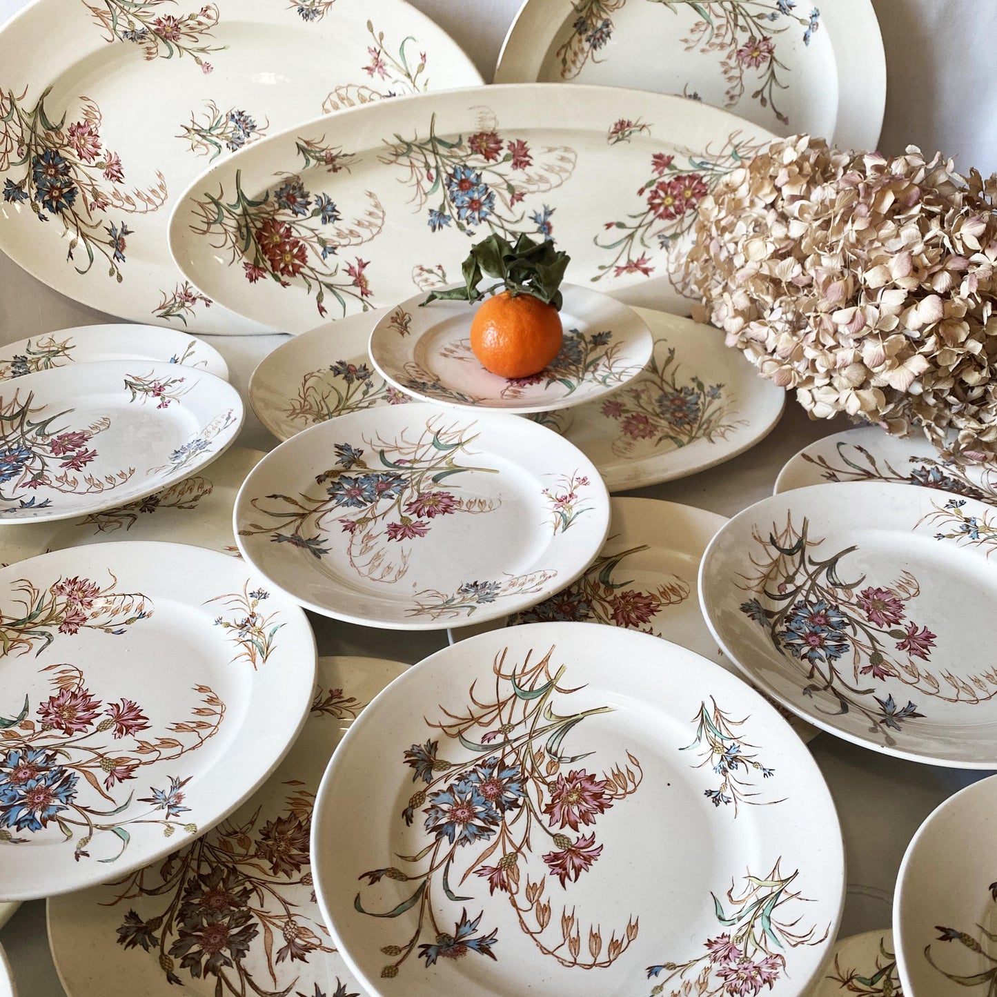 French Antique 10 to 20-Place Dinner Service, 45pc polychrome Floral Design, Salins 'Bluets' c1900