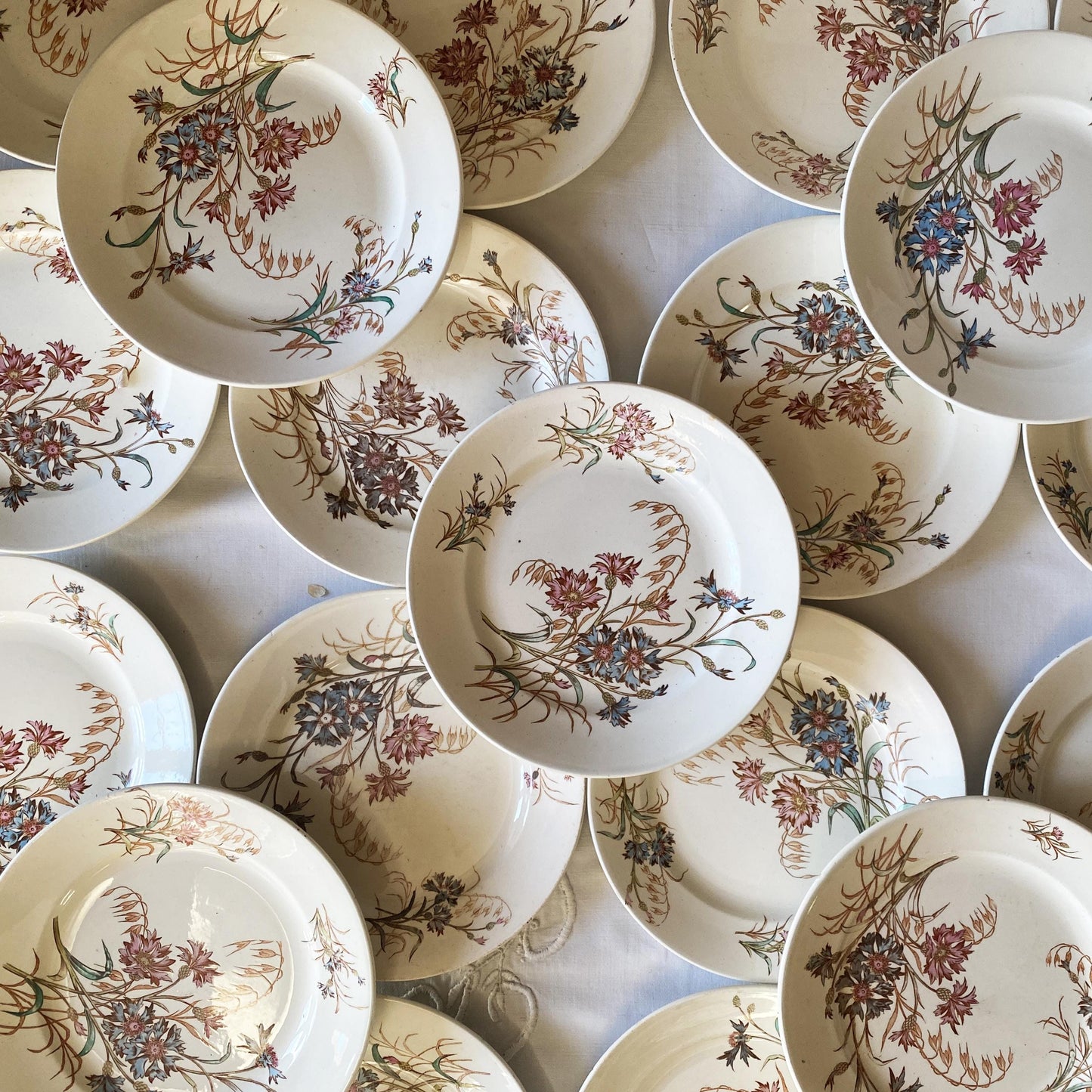 French Antique 10 to 20-Place Dinner Service, 45pc polychrome Floral Design, Salins 'Bluets' c1900