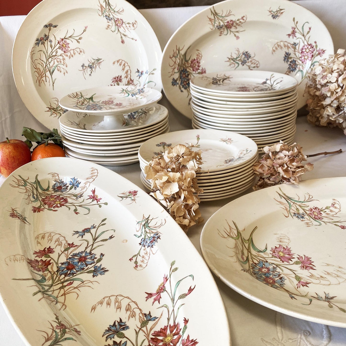 French Antique 10 to 20-Place Dinner Service, 45pc polychrome Floral Design, Salins 'Bluets' c1900