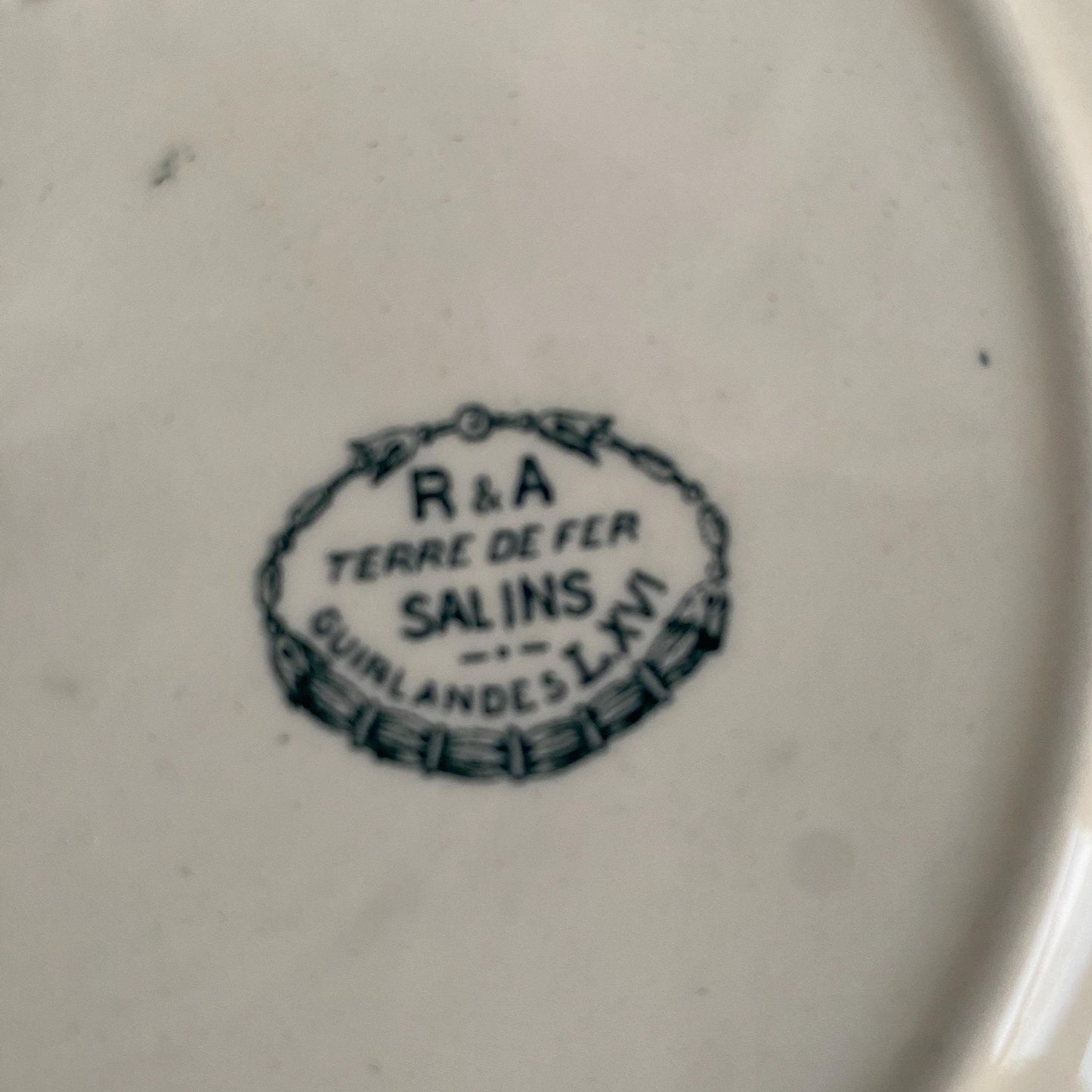 Antique Dinner Service, Salins France 24/12-Place Dinner Service, 'Guirlandes Louis XVI' Pattern, 50pc Green Transferware