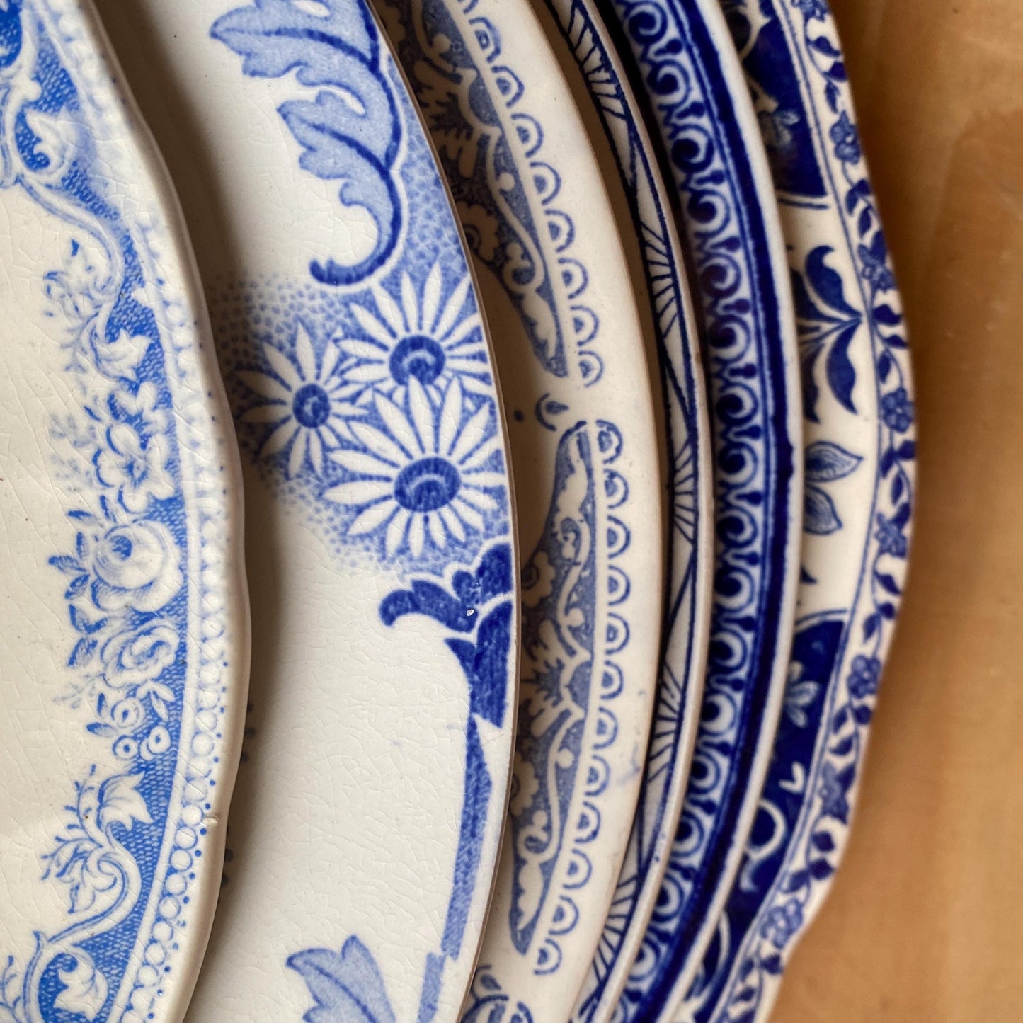 Mismatched Blue & White Antique Dinner Plates - French Farmhouse Decor, Set of 6