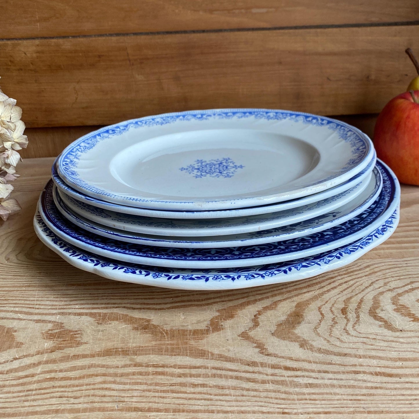 Mismatched Blue & White Antique Dinner Plates - French Farmhouse Decor, Set of 6