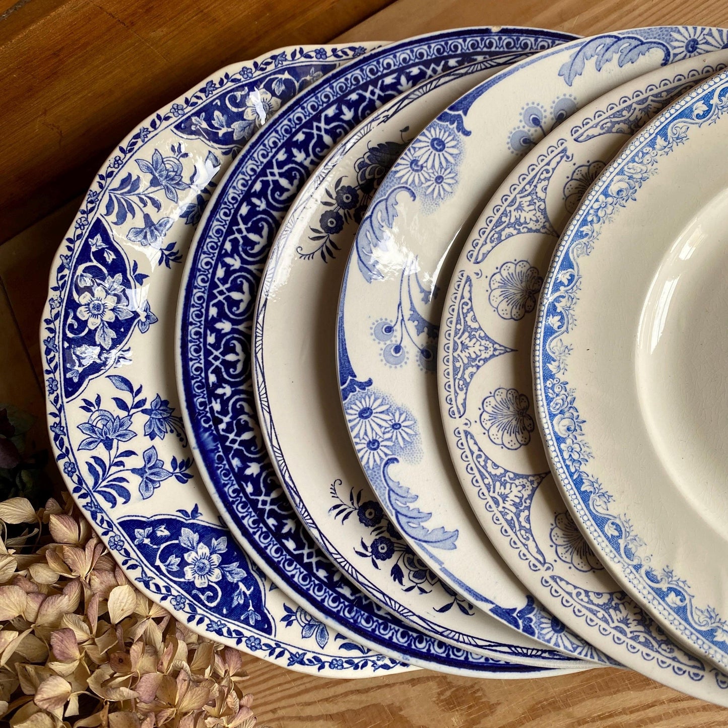 Mismatched Blue & White Antique Dinner Plates - French Farmhouse Decor, Set of 6