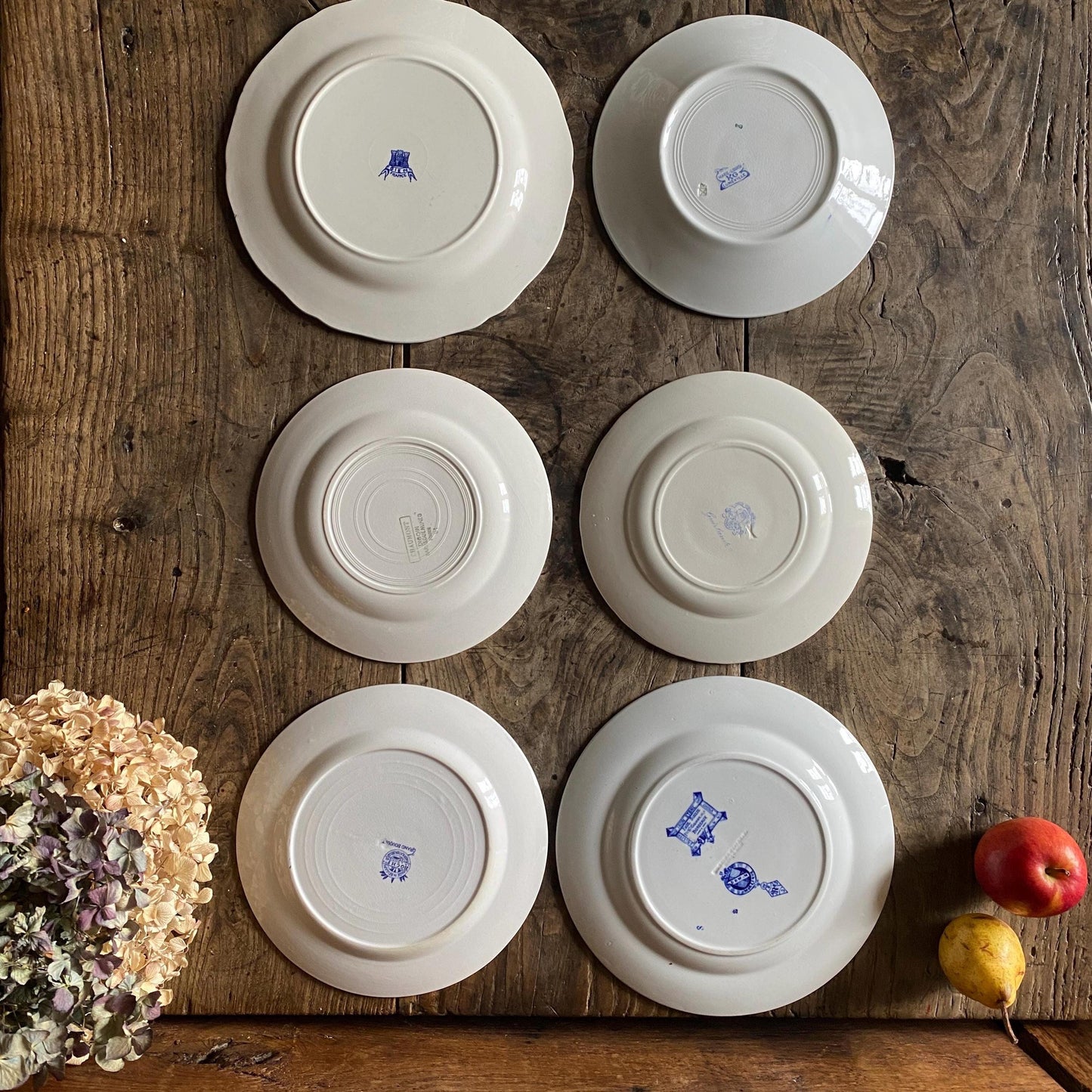 Mismatched Blue & White Antique Dinner Plates - French Farmhouse Decor, Set of 6