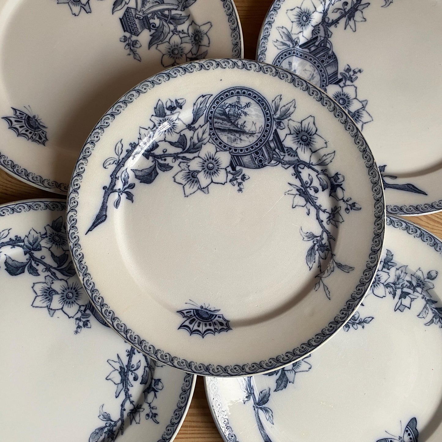 Set of 5 French antique dinner plates, flowers + butterflies, Aesthetic Movement 'Wallace' by U&C Sarreguemines, France 1900