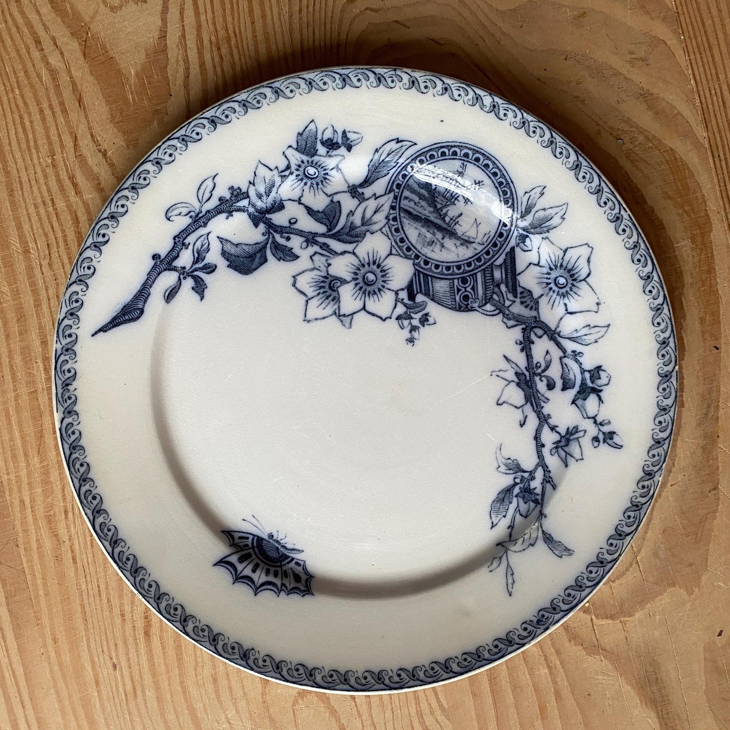 Set of 5 French antique dinner plates, flowers + butterflies, Aesthetic Movement 'Wallace' by U&C Sarreguemines, France 1900