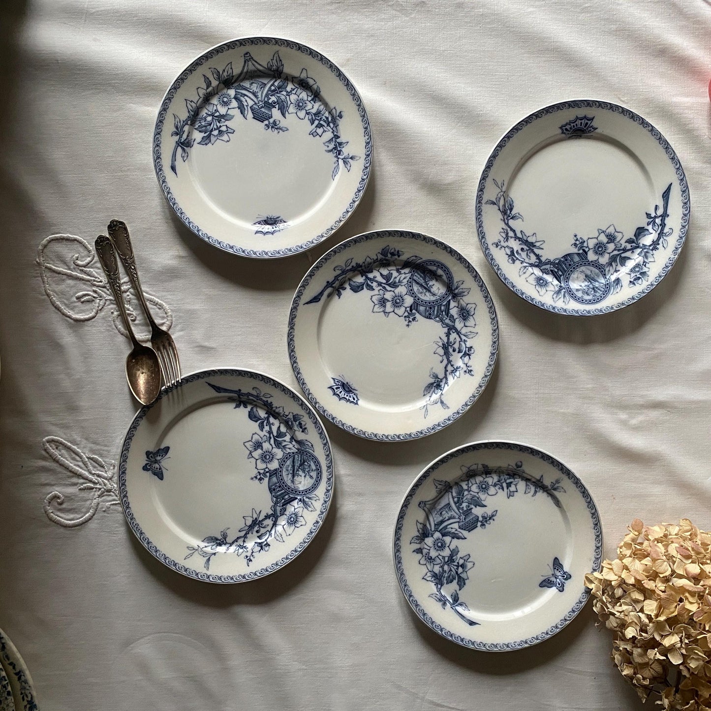 Set of 5 French antique dinner plates, flowers + butterflies, Aesthetic Movement 'Wallace' by U&C Sarreguemines, France 1900