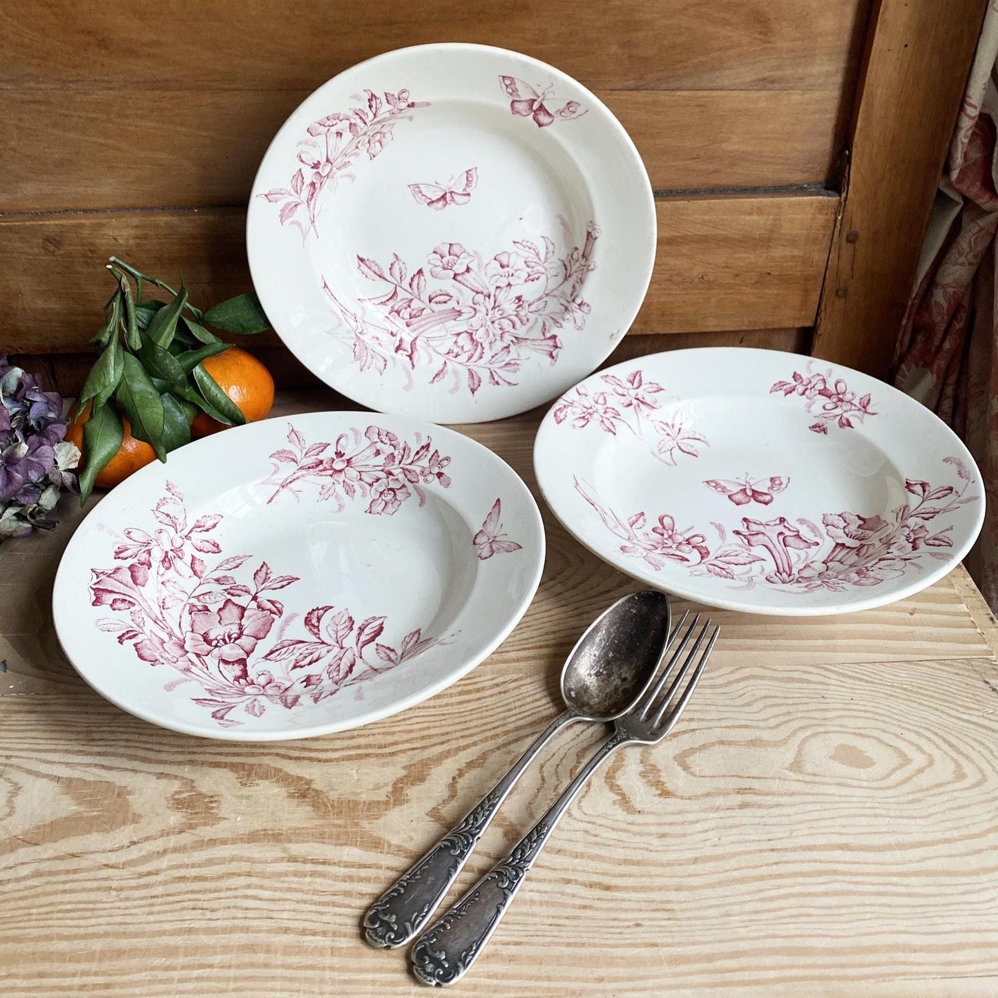 Set of 3 Antique rose pink Transferware Soup Plates, Badonviller Floral and butterflies Design