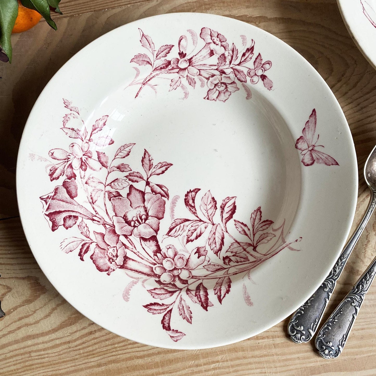 Set of 3 Antique rose pink Transferware Soup Plates, Badonviller Floral and butterflies Design