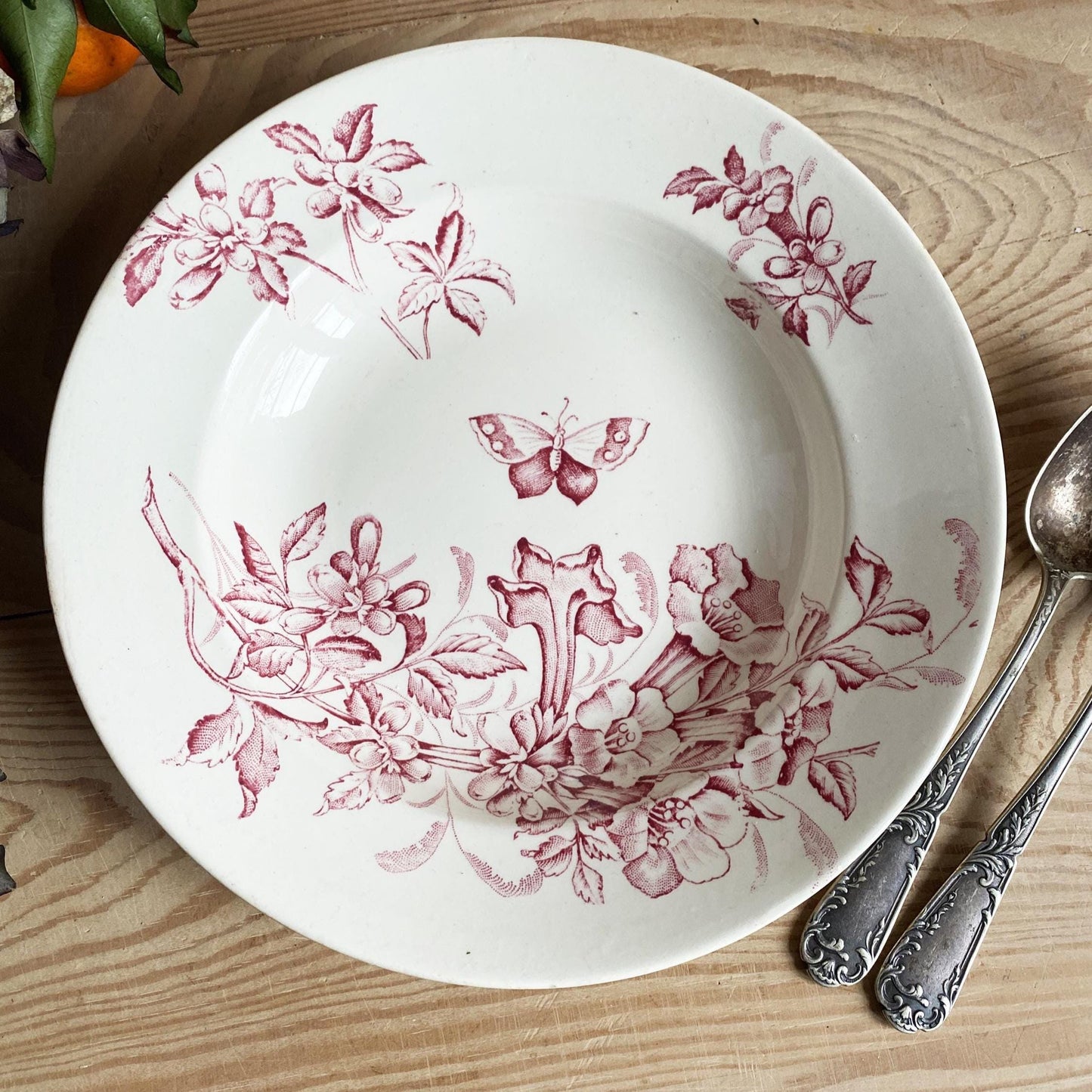 Set of 3 Antique rose pink Transferware Soup Plates, Badonviller Floral and butterflies Design