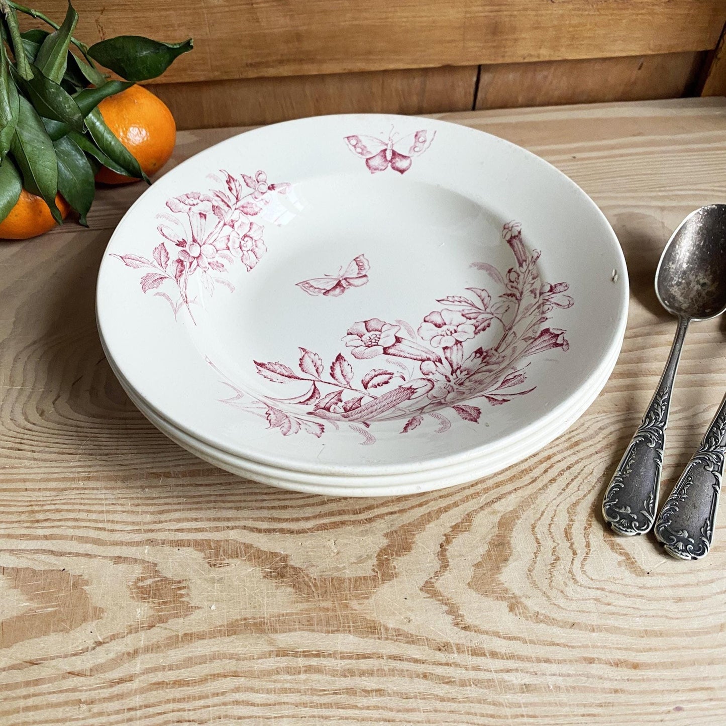 Set of 3 Antique rose pink Transferware Soup Plates, Badonviller Floral and butterflies Design