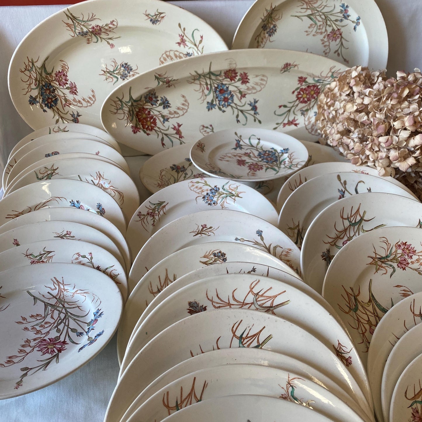 French Antique 10 to 20-Place Dinner Service, 45pc polychrome Floral Design, Salins 'Bluets' c1900