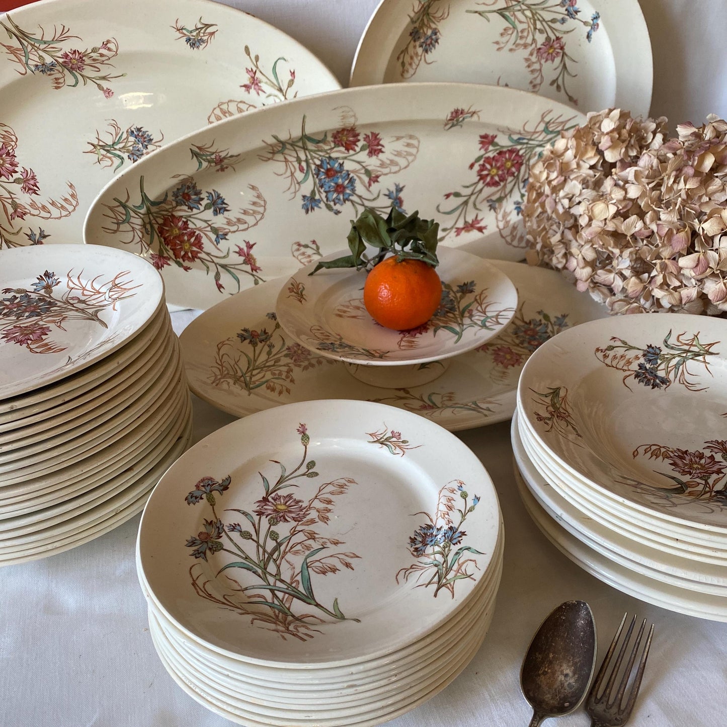 French Antique 10 to 20-Place Dinner Service, 45pc polychrome Floral Design, Salins 'Bluets' c1900
