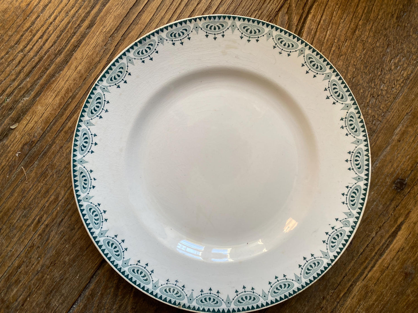 SET 6 mismatched antique ironstone dinner plates, green transferware cottage style, Aesthetic movement French c1890