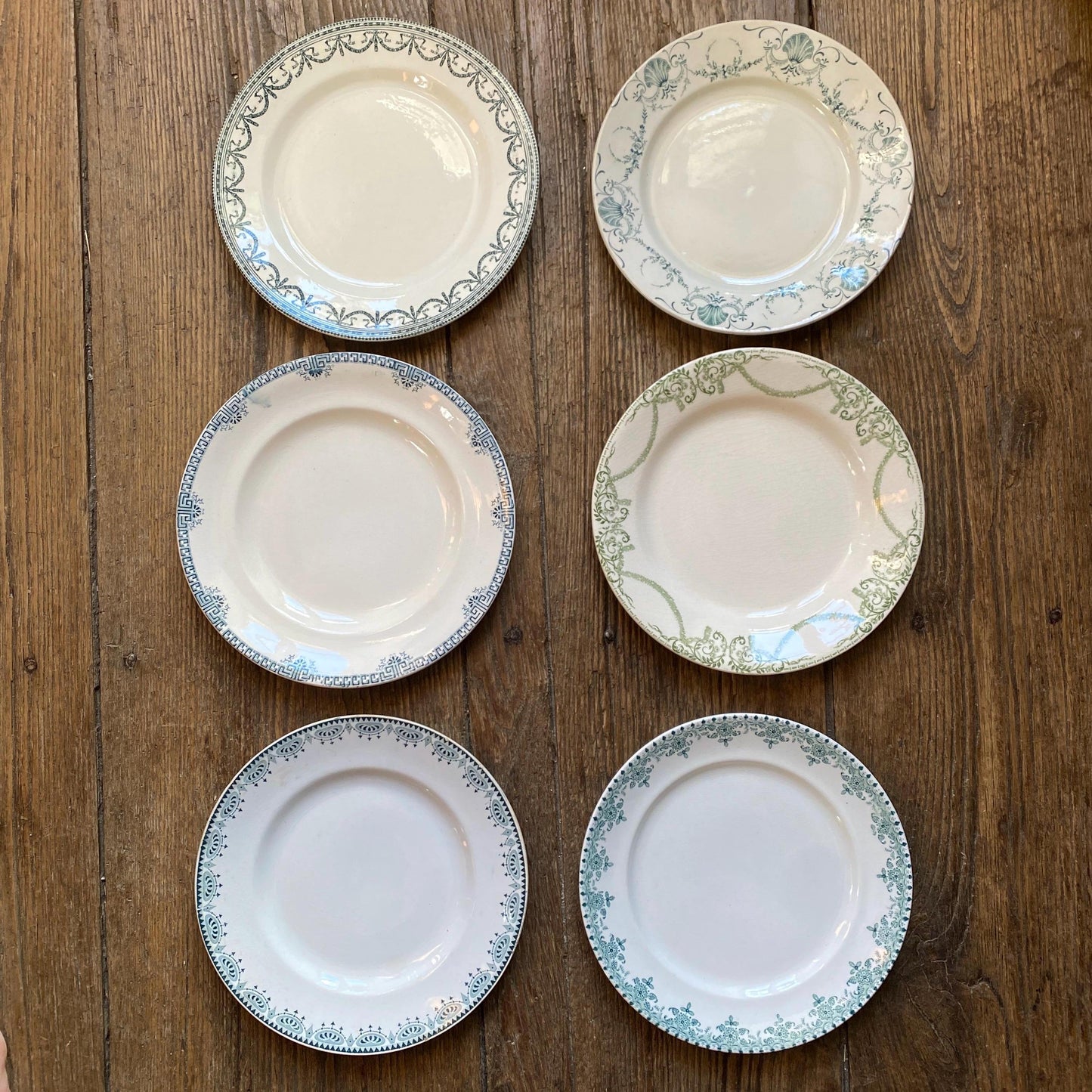 SET 6 mismatched antique ironstone dinner plates, green transferware cottage style, Aesthetic movement French c1890