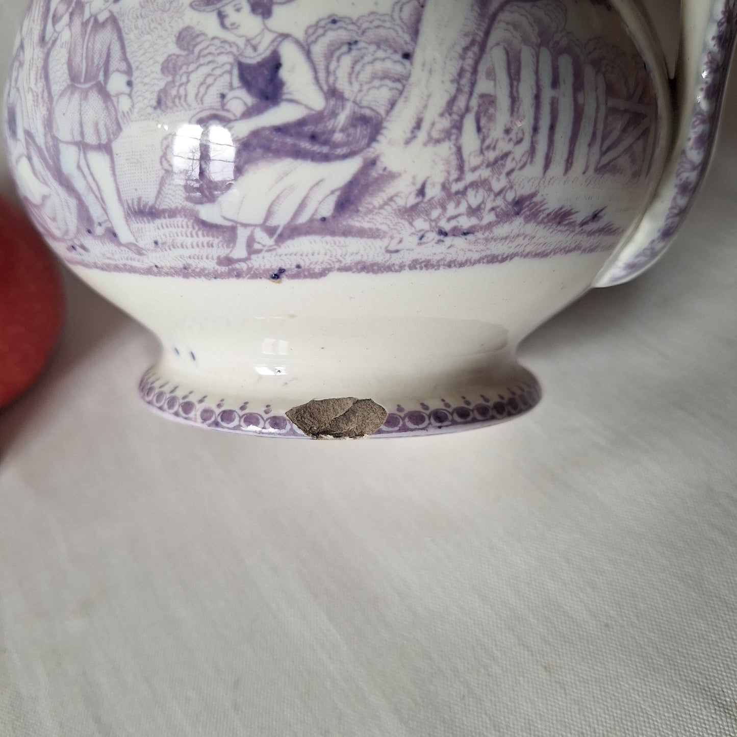 French antique purple Victorian transferware pitcher / water jug in purple and white by Grigny  c1880