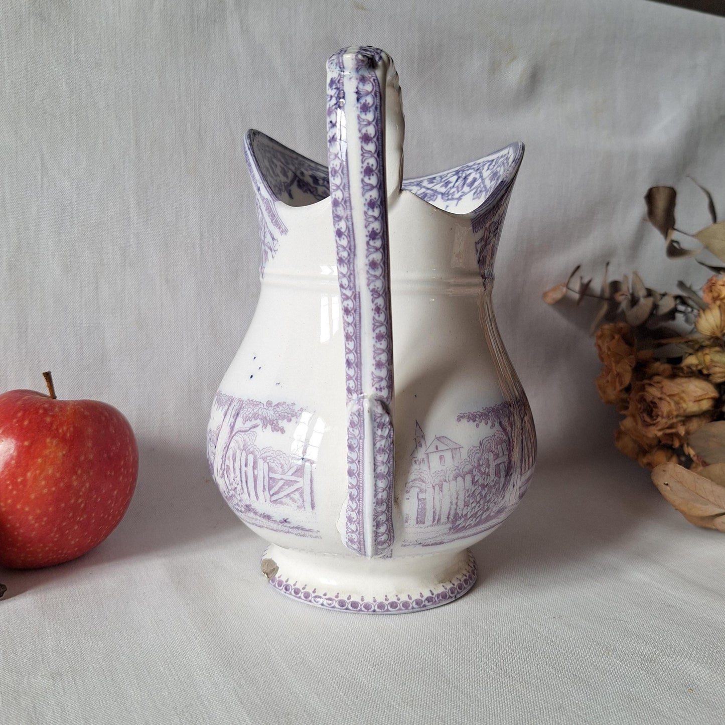 French antique purple Victorian transferware pitcher / water jug in purple and white by Grigny  c1880