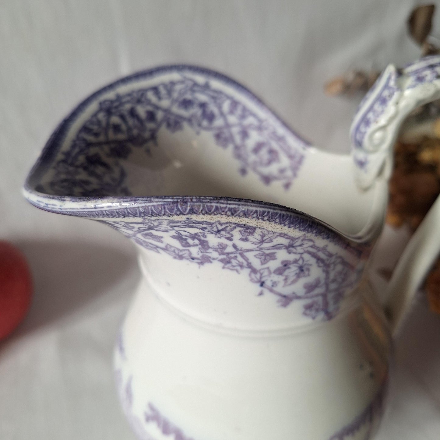 French antique purple Victorian transferware pitcher / water jug in purple and white by Grigny  c1880