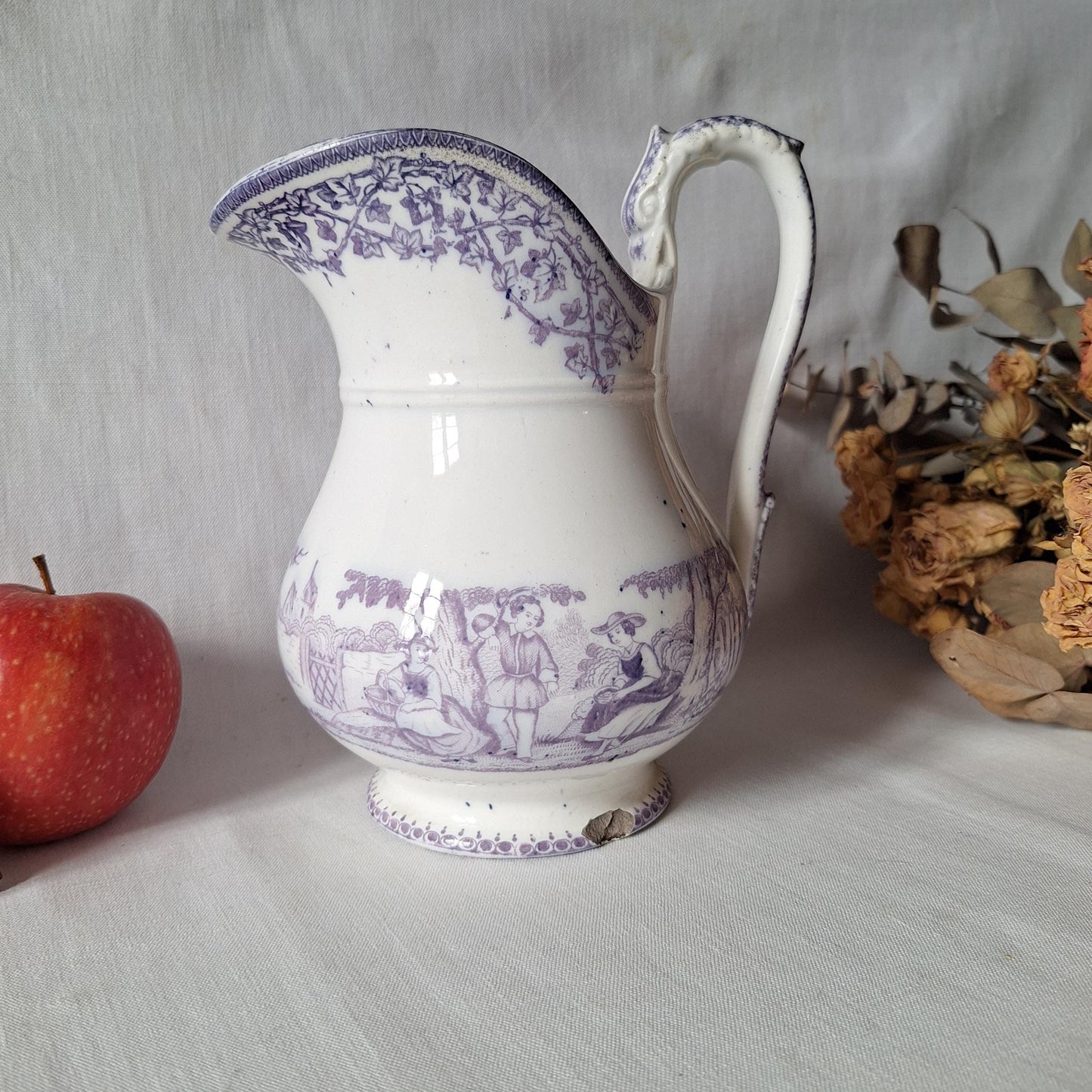 French antique purple Victorian transferware pitcher / water jug in purple and white by Grigny  c1880