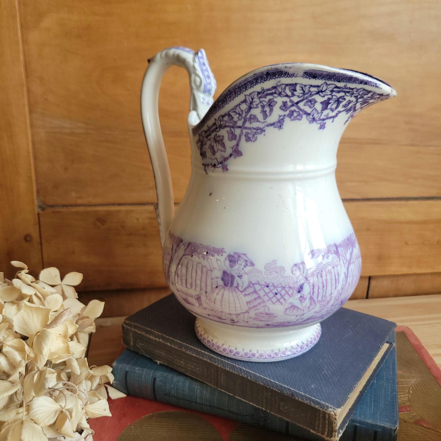 French antique purple Victorian transferware pitcher / water jug in purple and white by Grigny  c1880