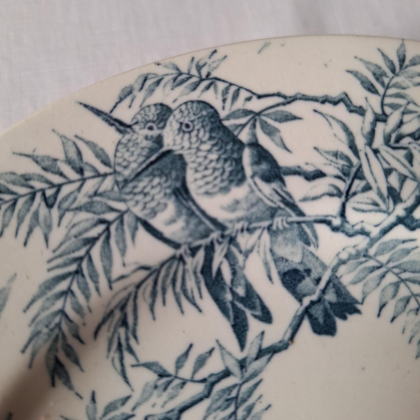 Antique French Blue Transferware Colibri Birds Dessert / Entree Plates (Set of 8), Luneville c1890