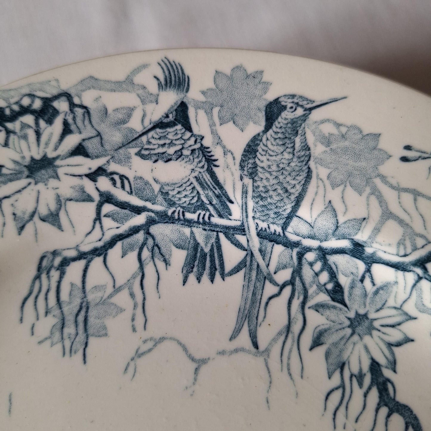 Antique French Blue Transferware Colibri Birds Dessert / Entree Plates (Set of 8), Luneville c1890