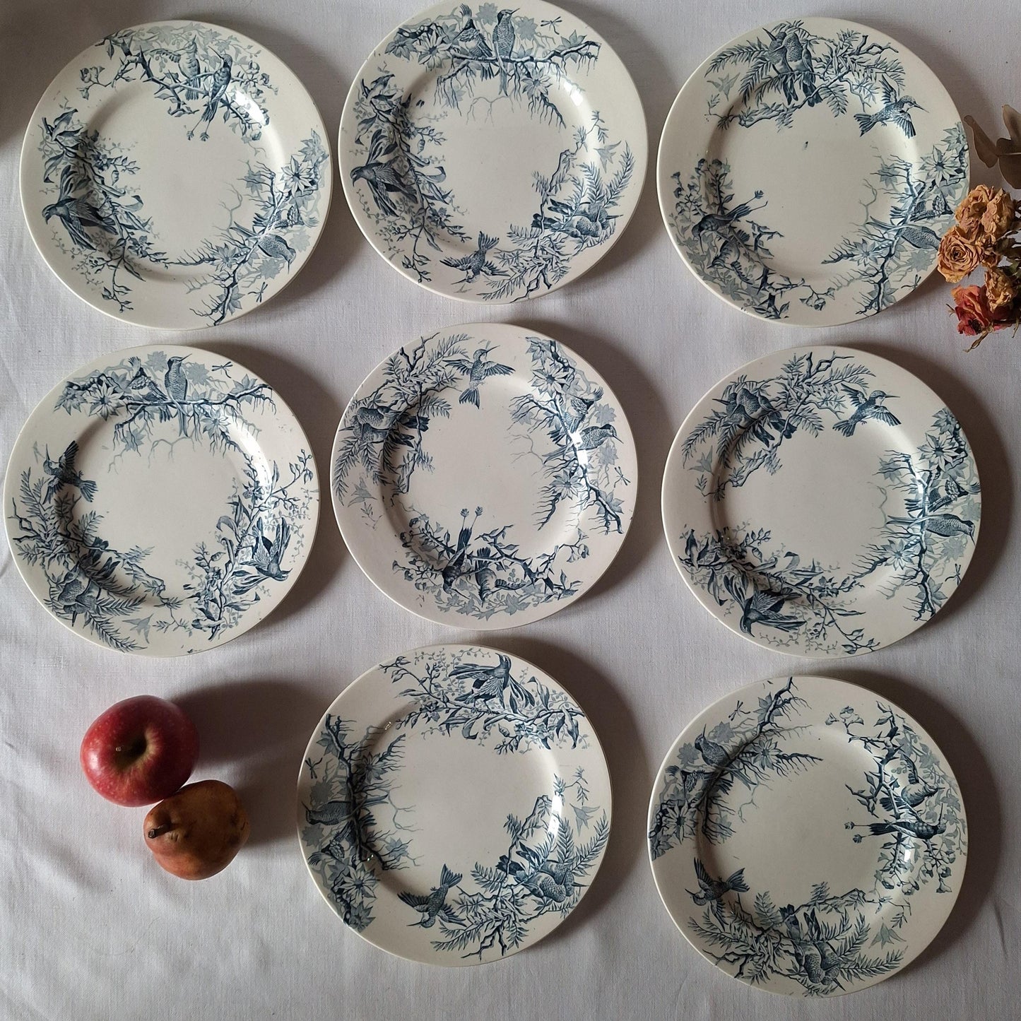 Antique French Blue Transferware Colibri Birds Dessert / Entree Plates (Set of 8), Luneville c1890