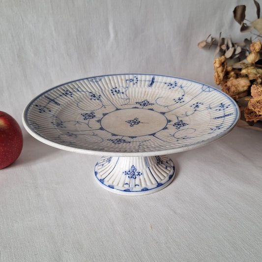 Antique Villeroy & Boch Hand Painted Cake Stand, timeworn Dresden Blue and White Compotier, c1910