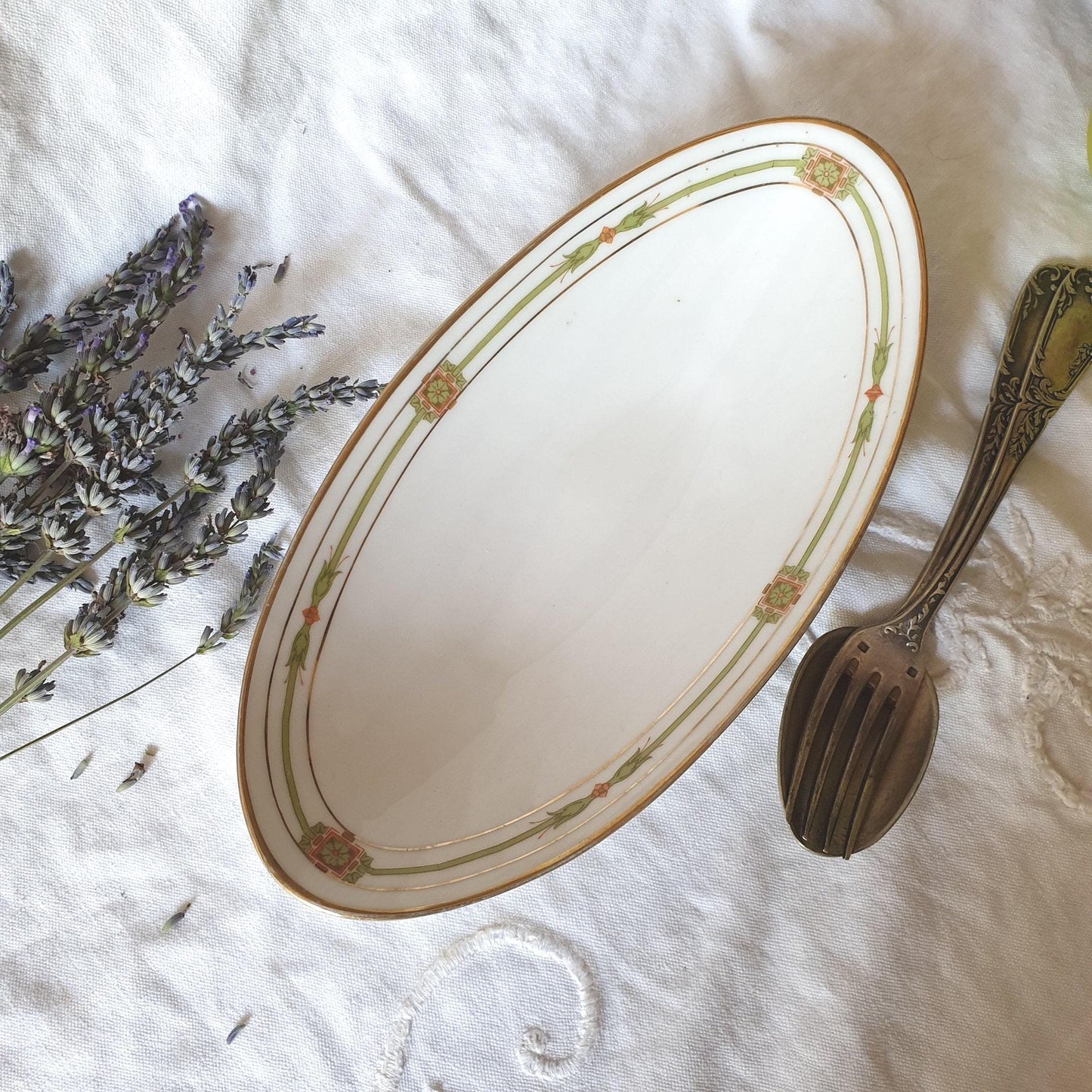 antique Limoges porcelain ravier oval serving dish - polychrome w gold border, orange / green, Belle Epoch design, JB&Cie France