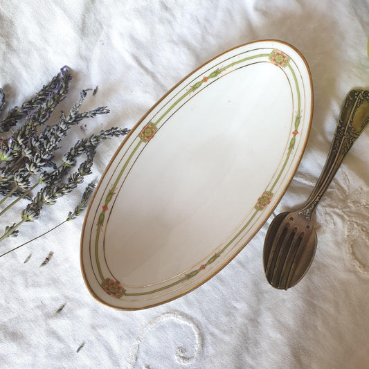 antique Limoges porcelain ravier oval serving dish - polychrome w gold border, orange / green, Belle Epoch design, JB&Cie France