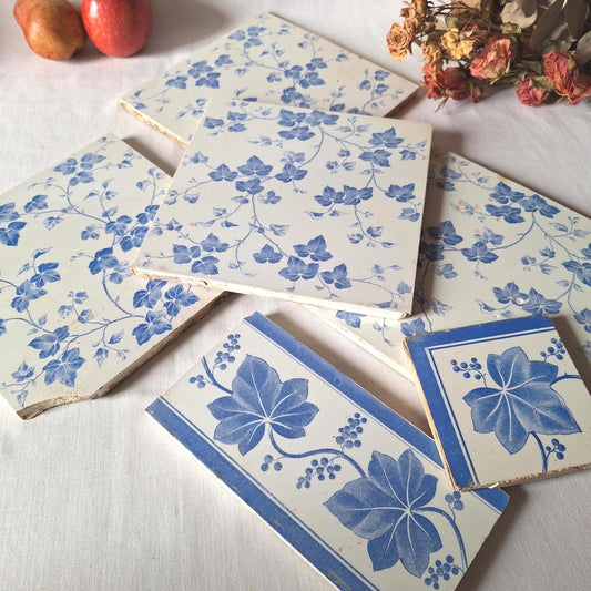 Antique French Transferware Tiles, Creil and Montereau, c.1880, blue ivy design set 6pc
