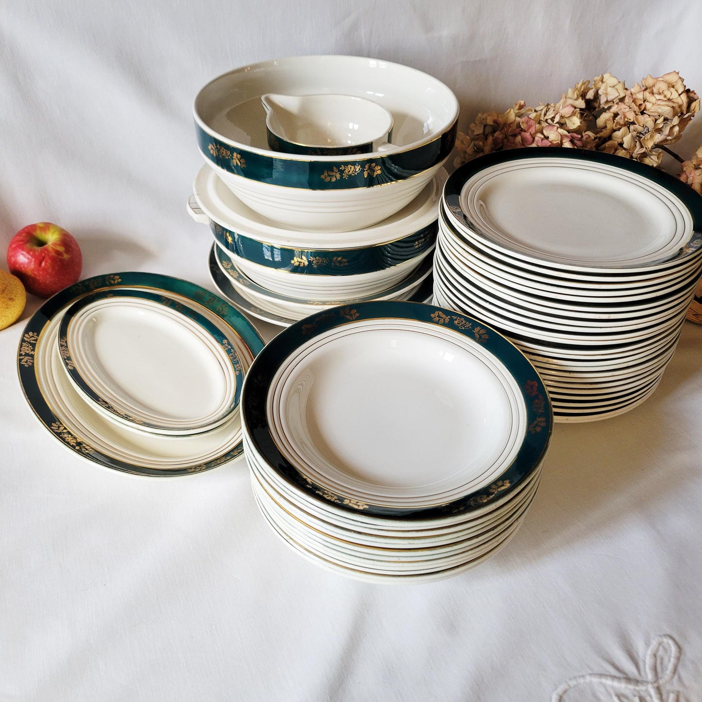 44pc French antique ironstone style dinner service, 12 place setting in green and gold 'Kleber' pattern 1950s St Amand, Ceranord France