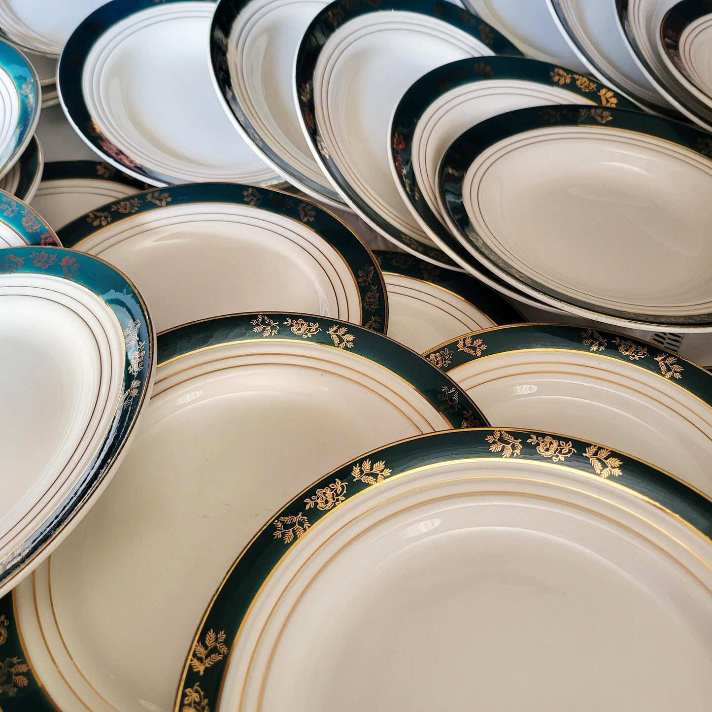 44pc French antique ironstone style dinner service, 12 place setting in green and gold 'Kleber' pattern 1950s St Amand, Ceranord France