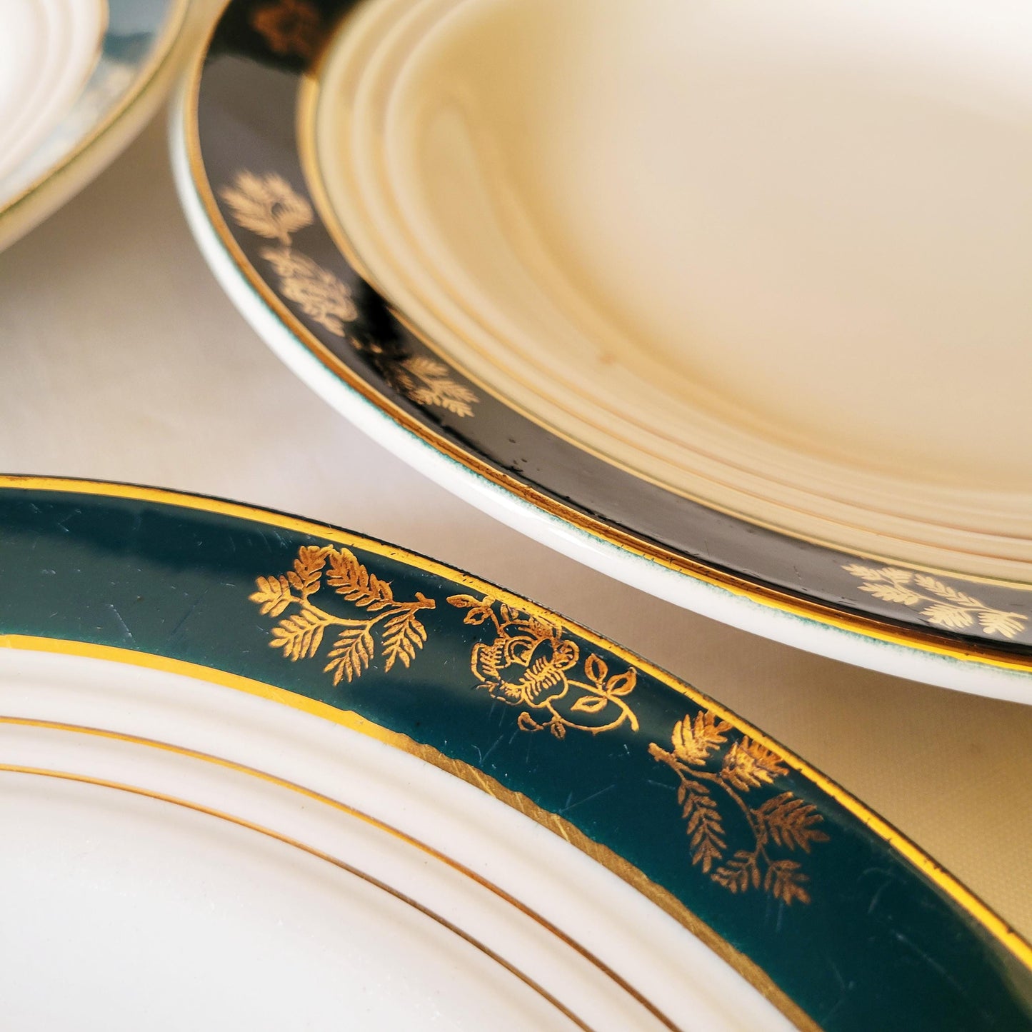 44pc French antique ironstone style dinner service, 12 place setting in green and gold 'Kleber' pattern 1950s St Amand, Ceranord France