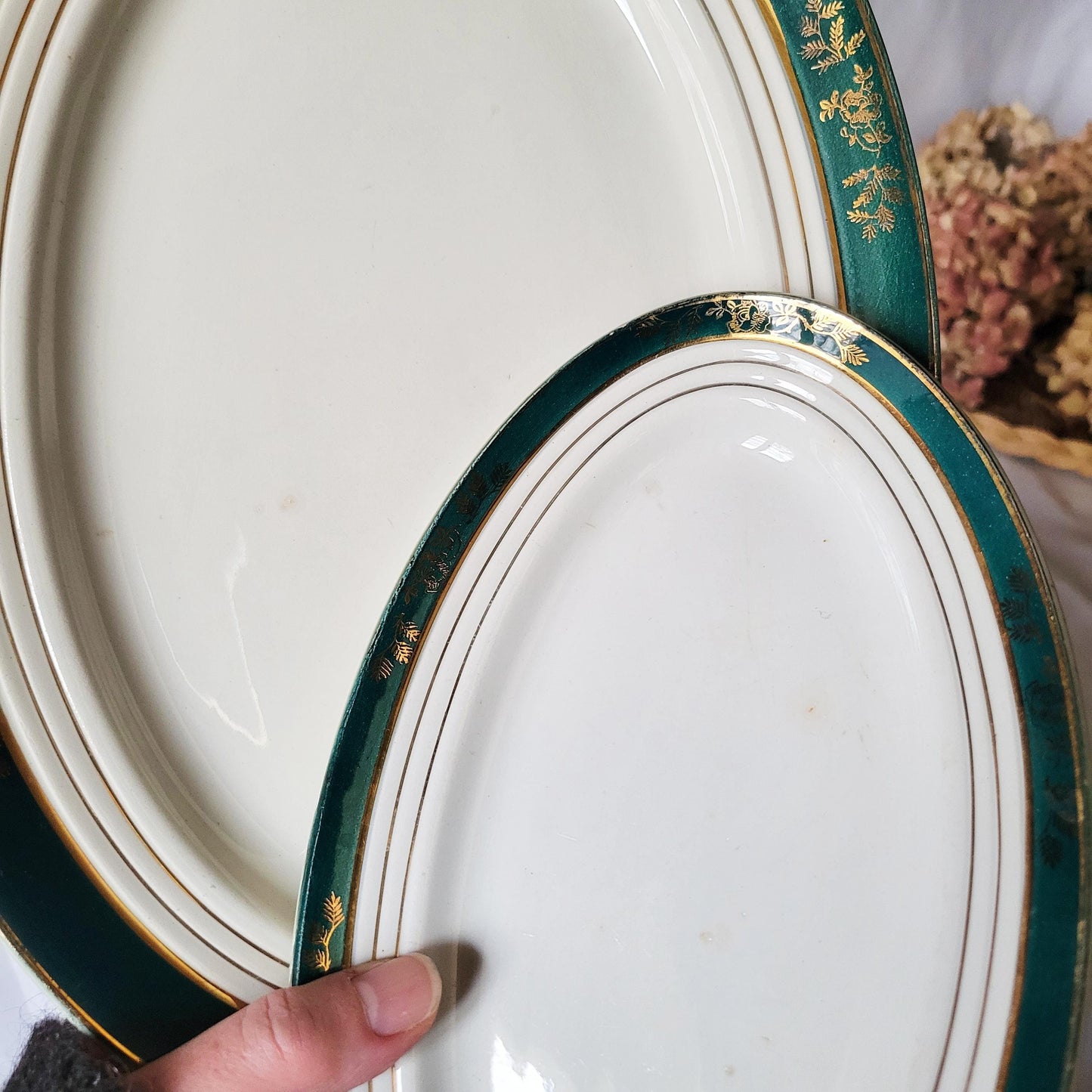 44pc French antique ironstone style dinner service, 12 place setting in green and gold 'Kleber' pattern 1950s St Amand, Ceranord France