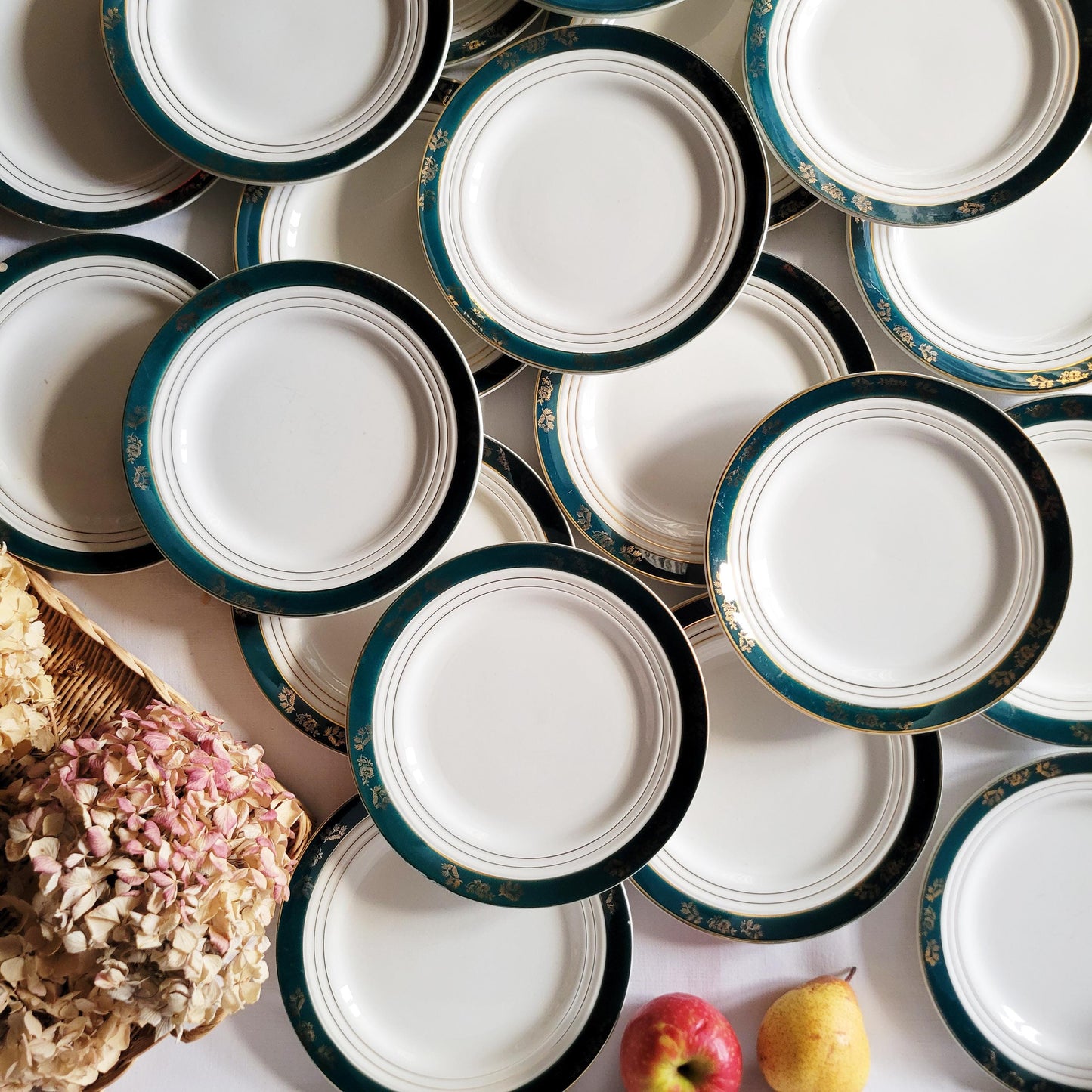 44pc French antique ironstone style dinner service, 12 place setting in green and gold 'Kleber' pattern 1950s St Amand, Ceranord France