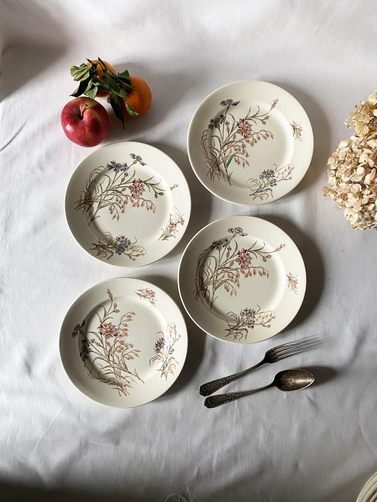 SET of 4 antique French ironstone side plates, polychrome transferware floral garlands in blue, green + pink Luneville France c 1890