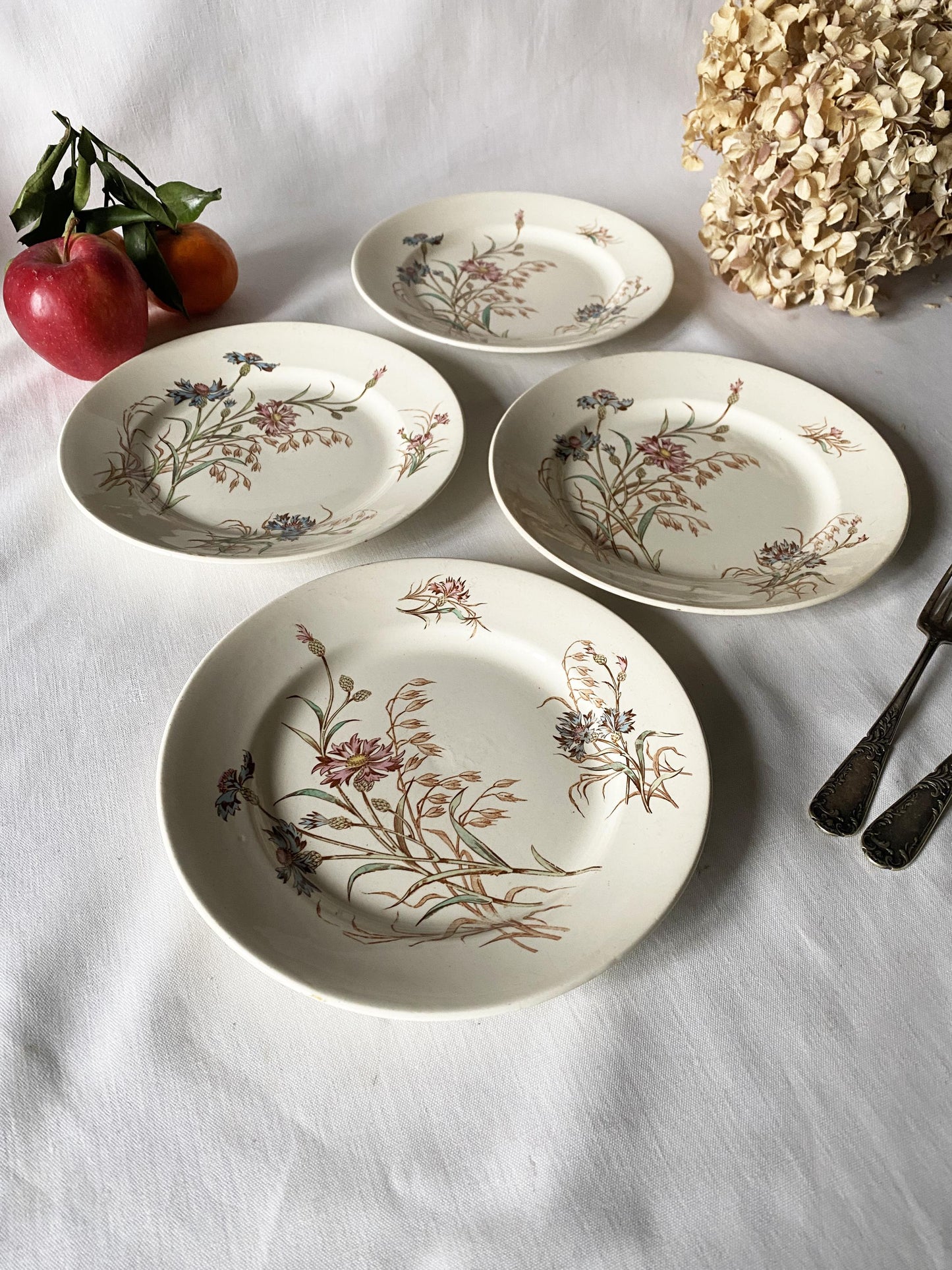 SET of 4 antique French ironstone side plates, polychrome transferware floral garlands in blue, green + pink Luneville France c 1890