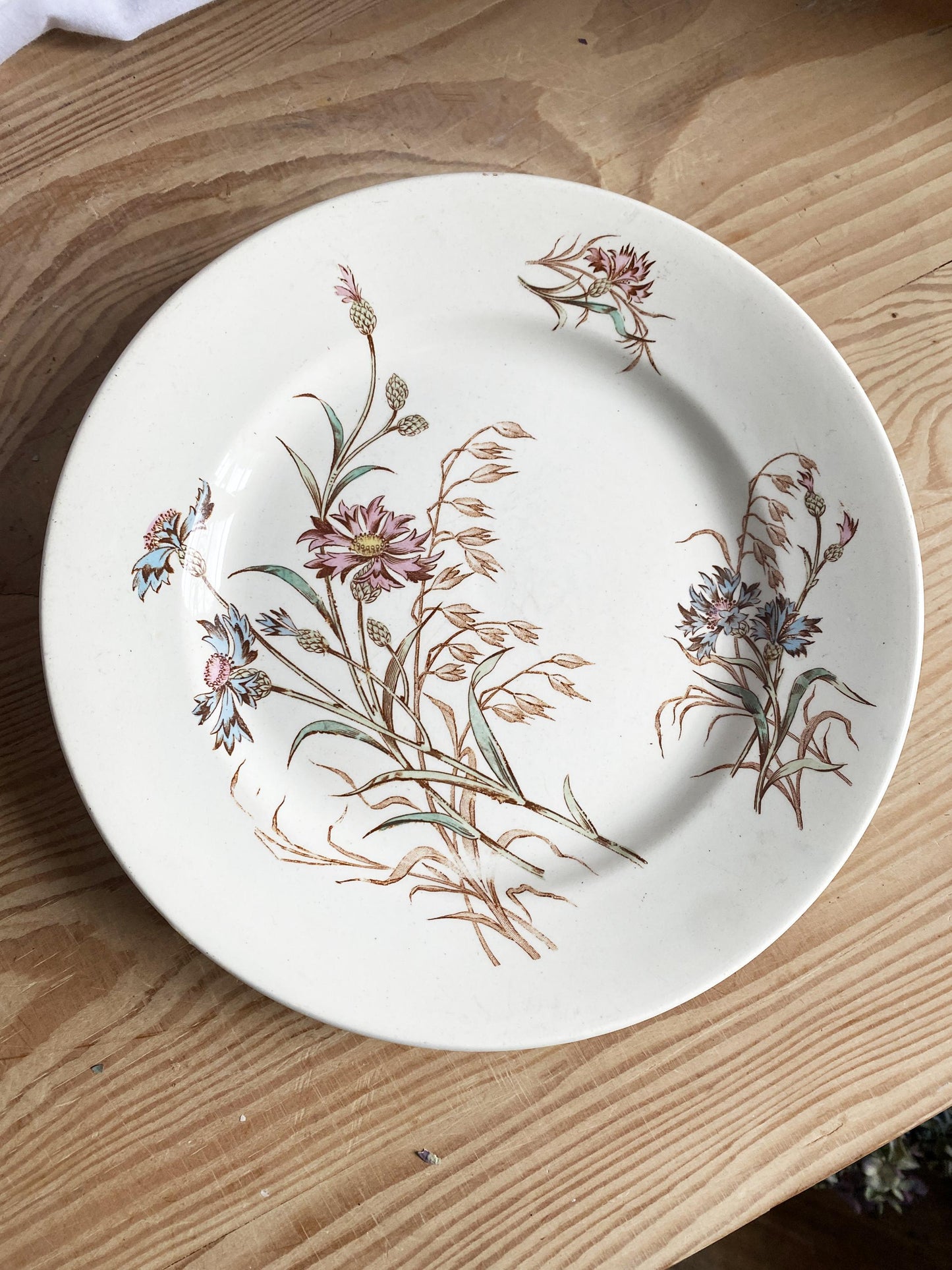 SET of 4 antique French ironstone side plates, polychrome transferware floral garlands in blue, green + pink Luneville France c 1890