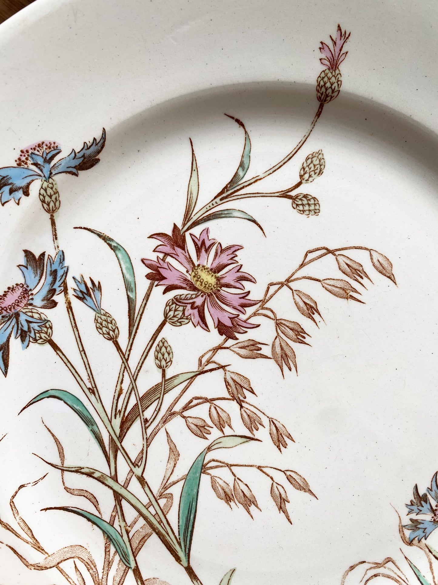 SET of 4 antique French ironstone side plates, polychrome transferware floral garlands in blue, green + pink Luneville France c 1890