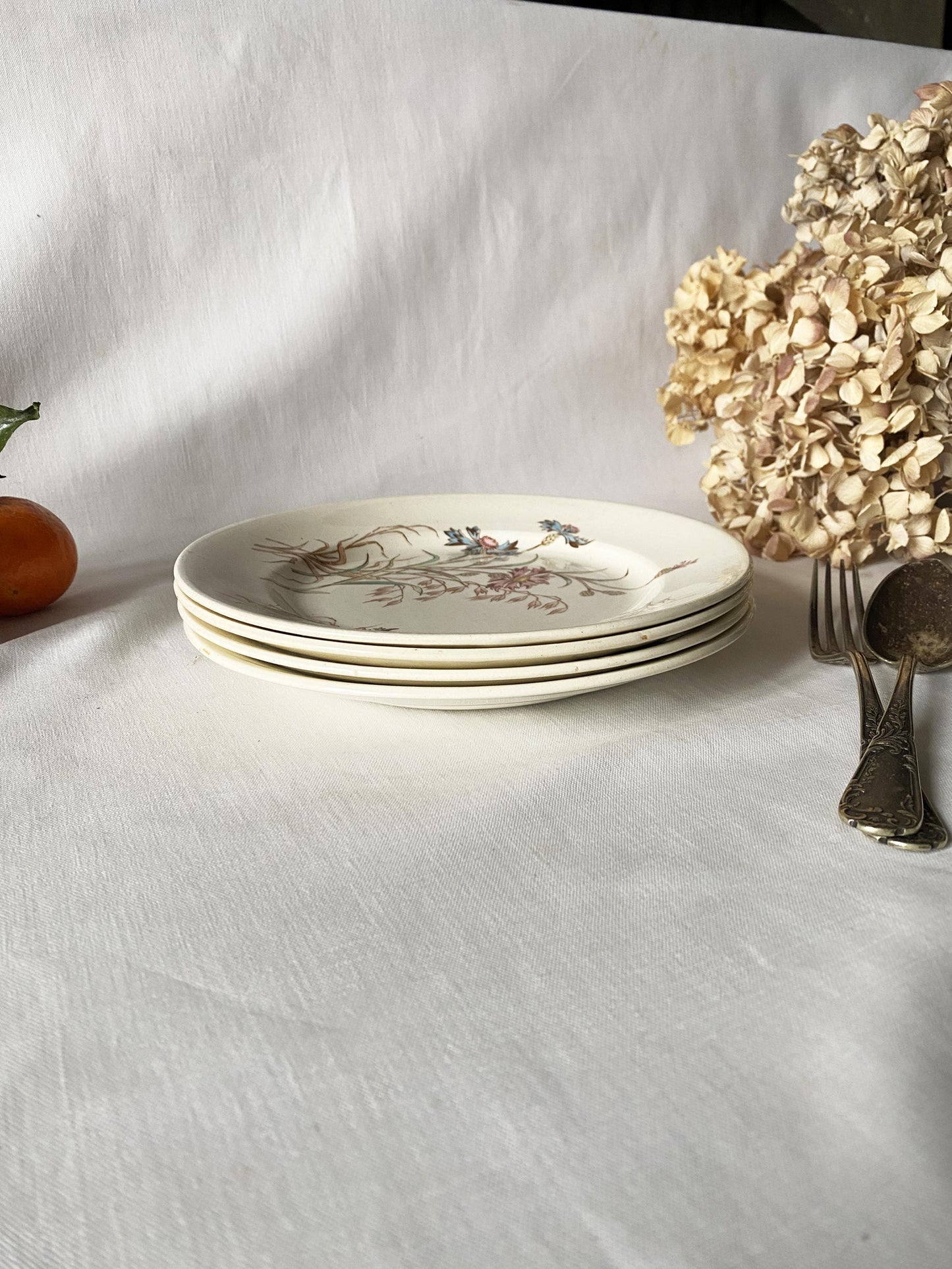 SET of 4 antique French ironstone side plates, polychrome transferware floral garlands in blue, green + pink Luneville France c 1890