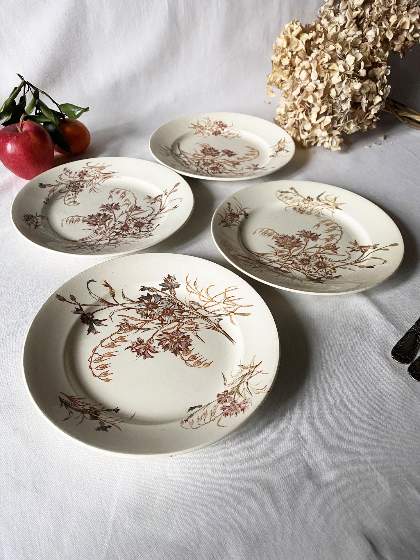SET of 4 antique French ironstone dinner plates, polychrome floral in brown, green + pink, hand colored, K&G Luneville France