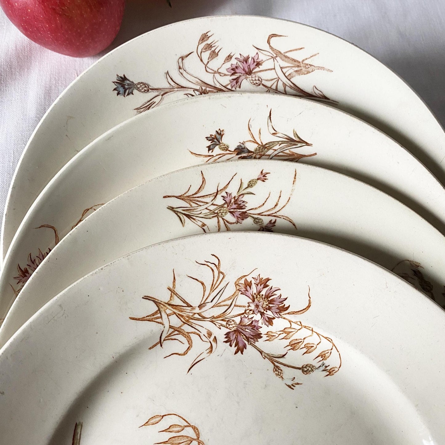 SET of 4 antique French ironstone dinner plates, polychrome floral in brown, green + pink, hand colored, K&G Luneville France