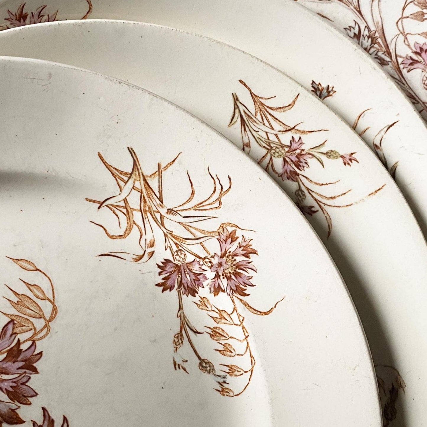 SET of 4 antique French ironstone dinner plates, polychrome floral in brown, green + pink, hand colored, K&G Luneville France