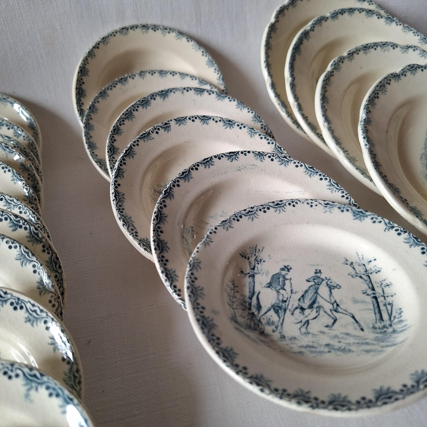 Miniature French Antique Children's dinette plate set, teal Transferware, Choisy le Roi, c.1890, 23 pieces.