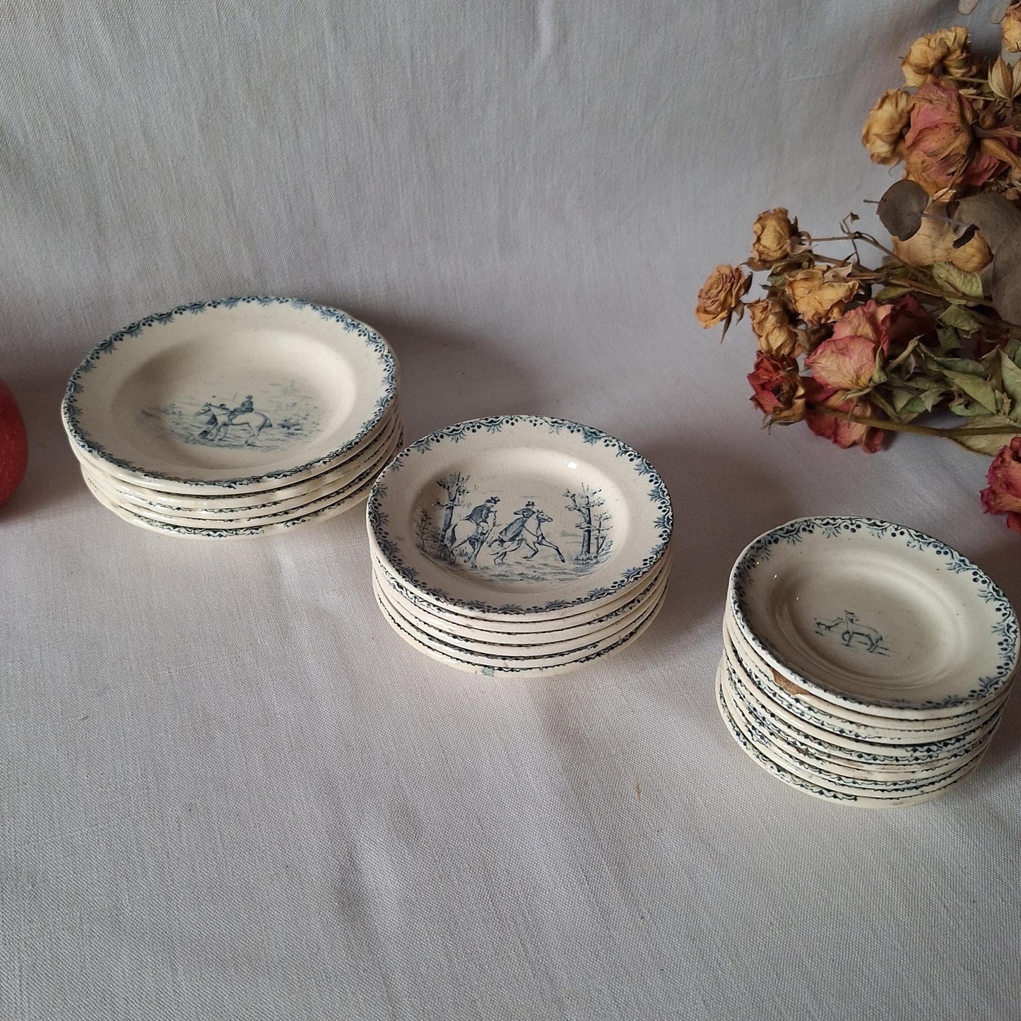 Miniature French Antique Children's dinette plate set, teal Transferware, Choisy le Roi, c.1890, 23 pieces.