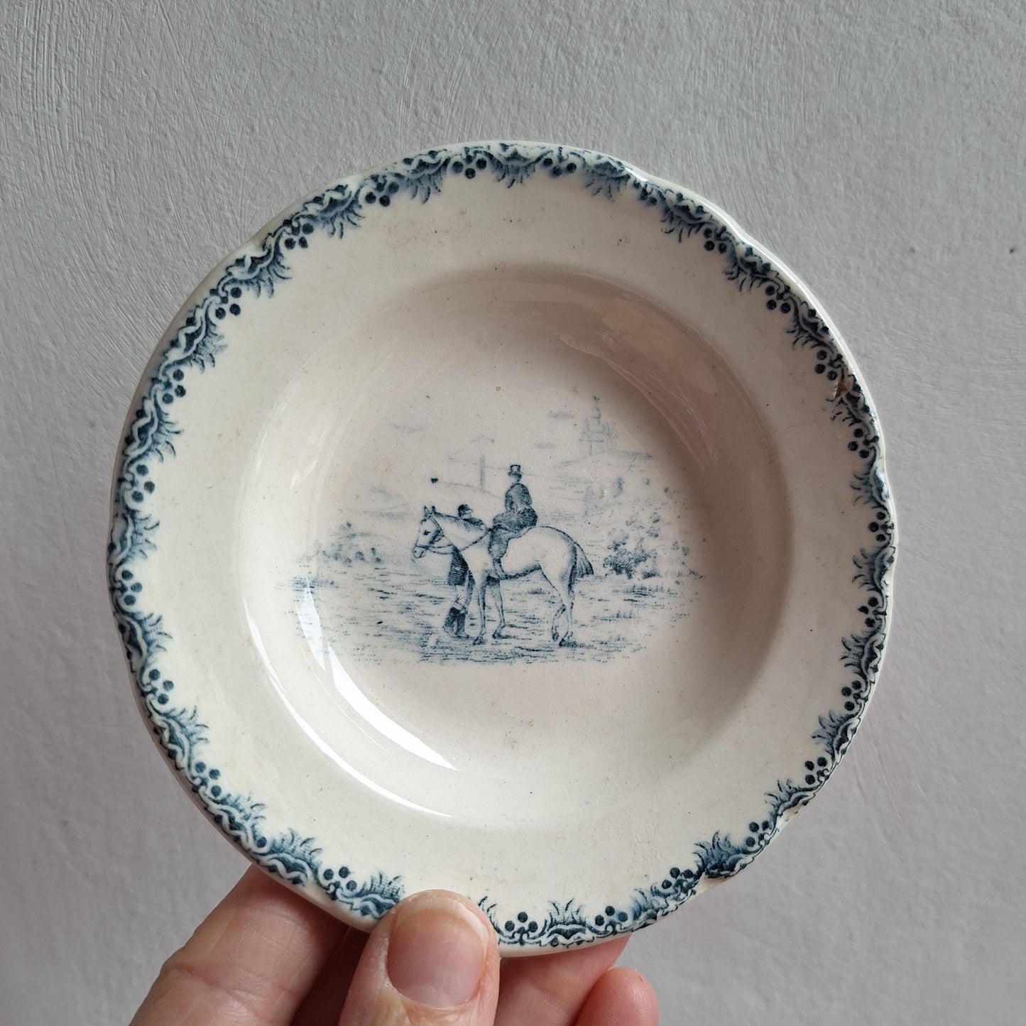 Miniature French Antique Children's dinette plate set, teal Transferware, Choisy le Roi, c.1890, 23 pieces.