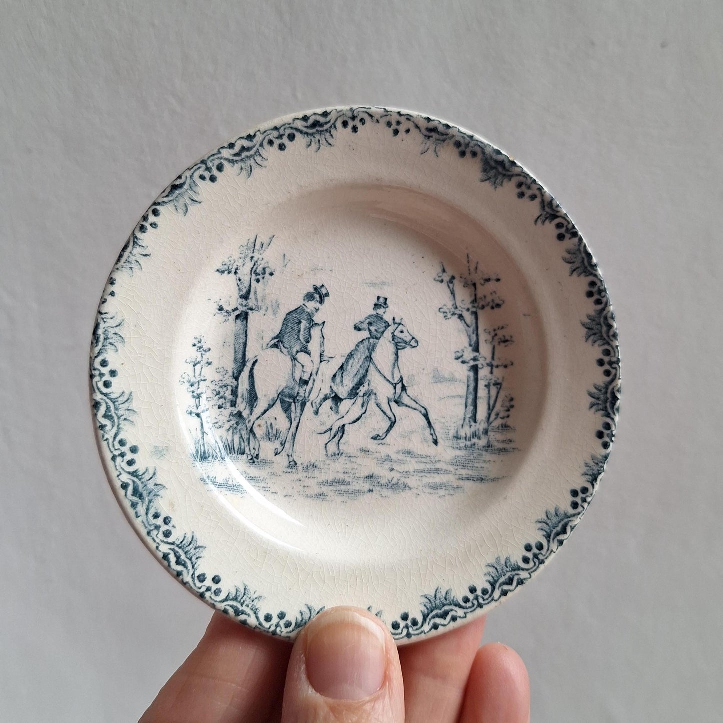Miniature French Antique Children's dinette plate set, teal Transferware, Choisy le Roi, c.1890, 23 pieces.